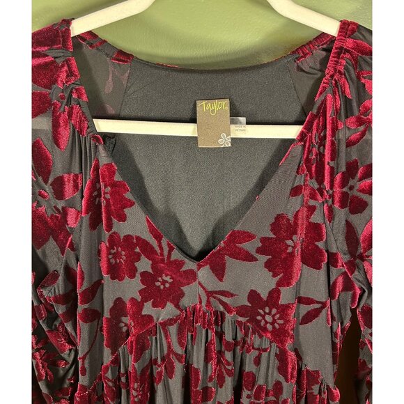 Taylor Sz 4 Floral Burnout Velvet Dress Tiered Black & Burgundy Oversized Goth - Picture 9 of 12